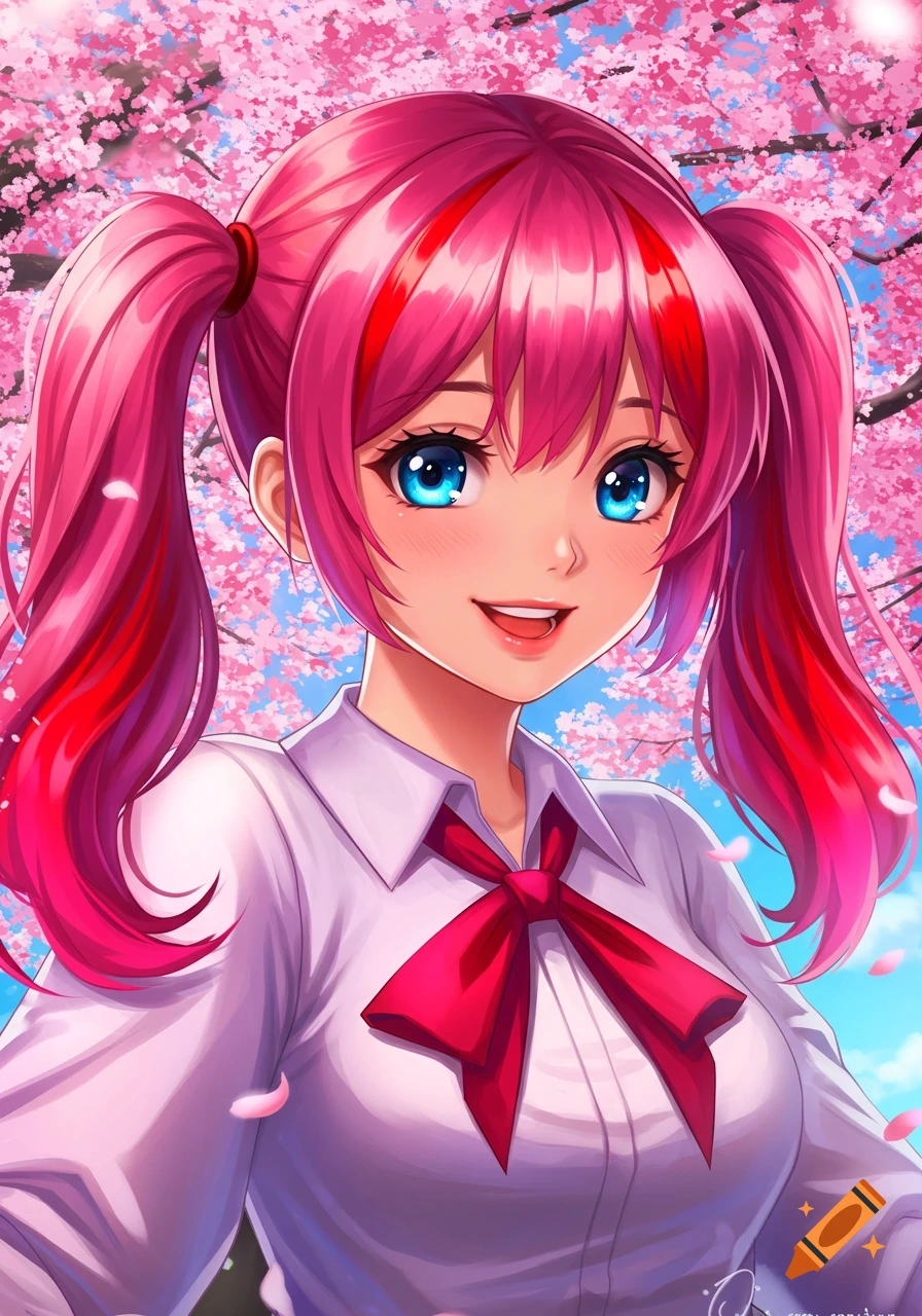 Anime portrait of a pink-haired girl with blue eyes smiling against cherry blossoms.