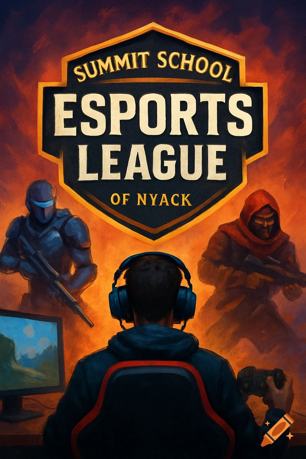 Cover art for an esports league, showing a gamer, two characters, and a banner with text.