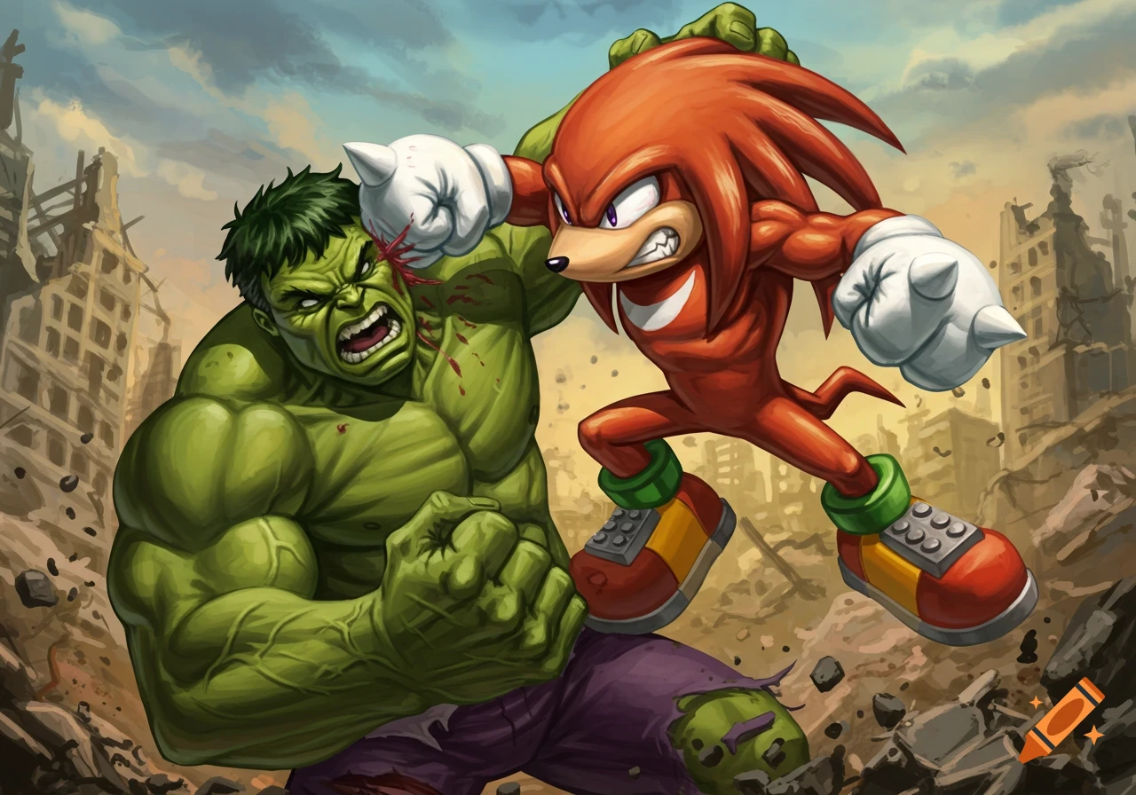 Knuckles punches the Hulk in a ruined city during a fight.