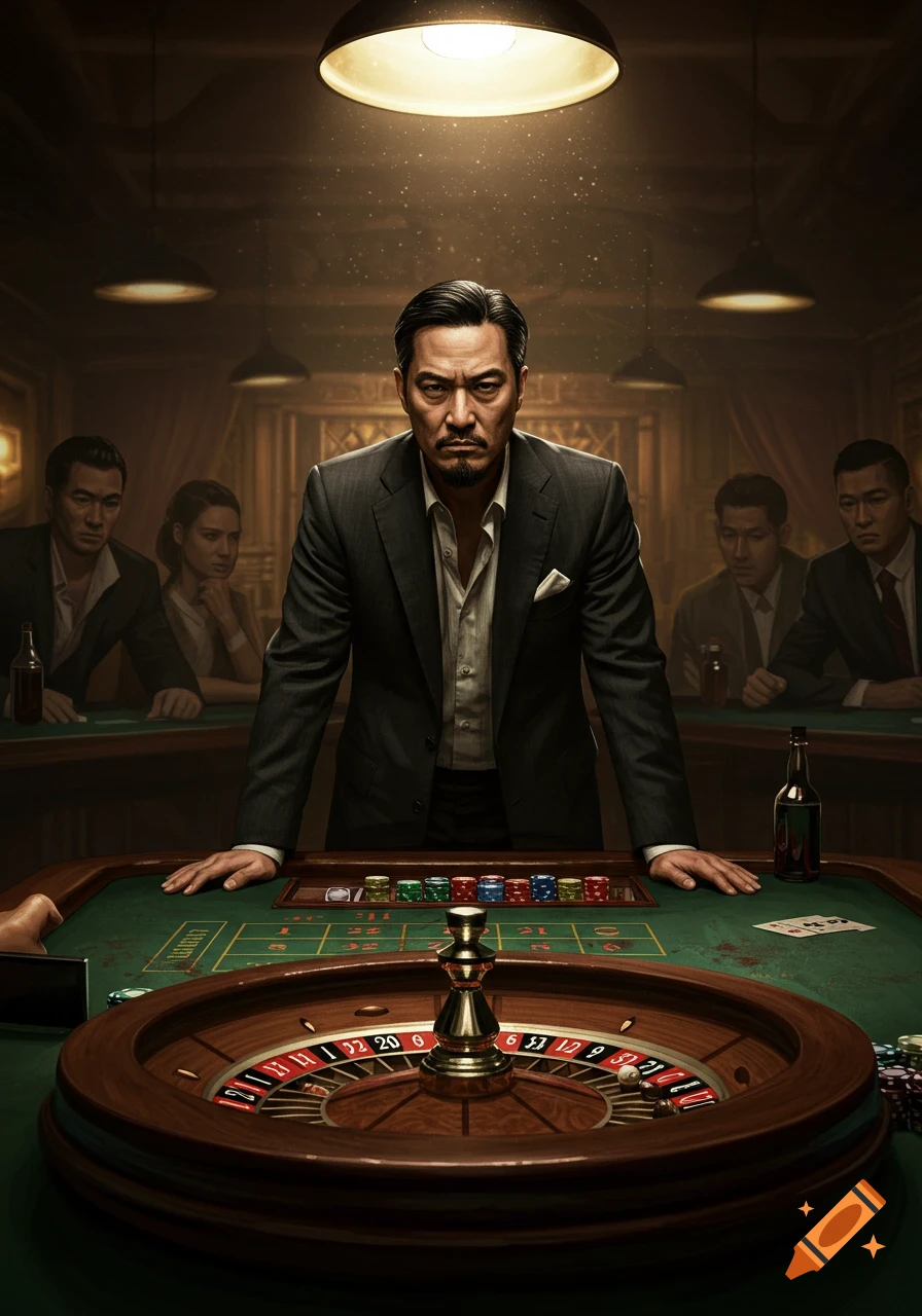 Man stands over a roulette table in a dimly lit casino, other players in the background. Photorealistic.