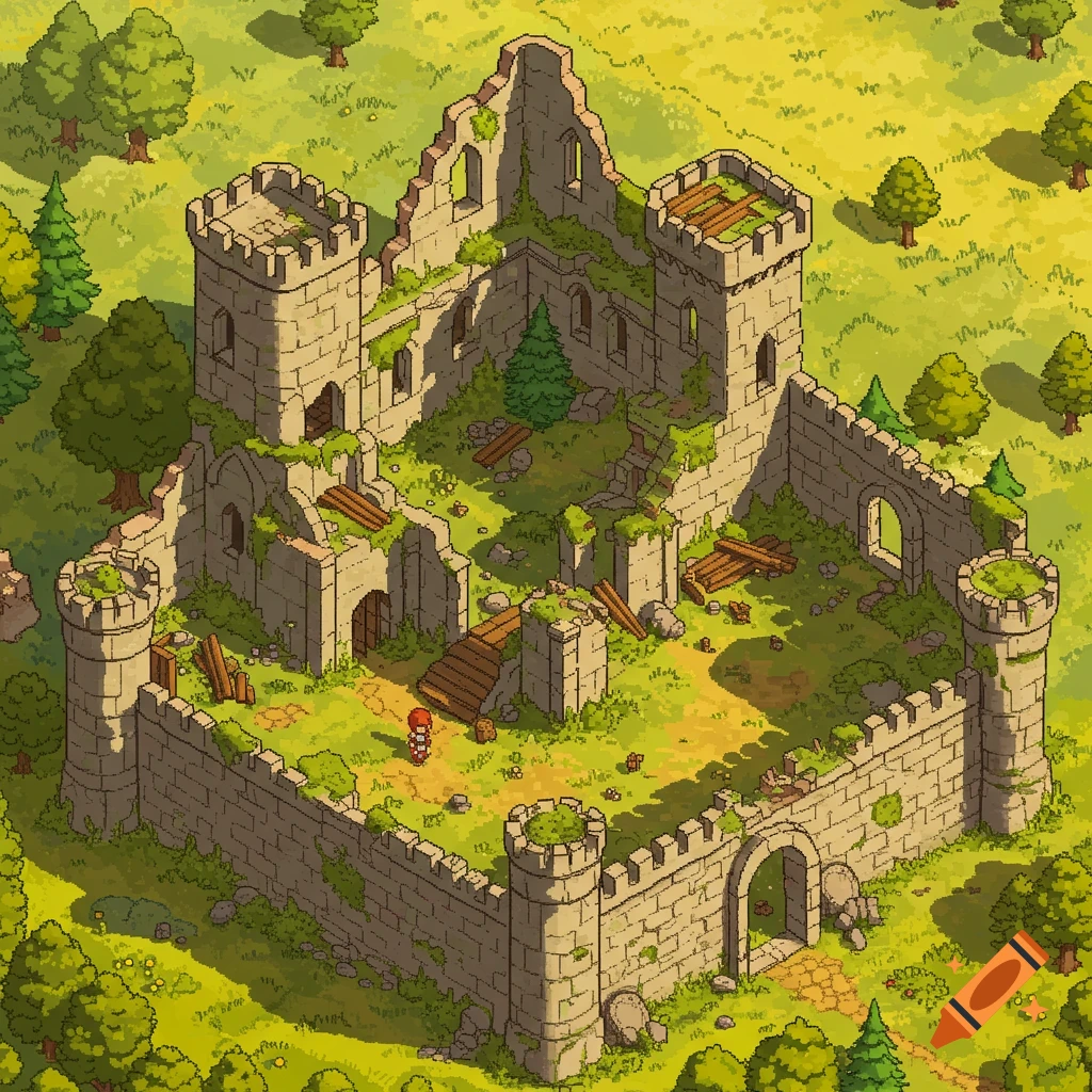 Pixel art top-down view of ruined castle with a character.
