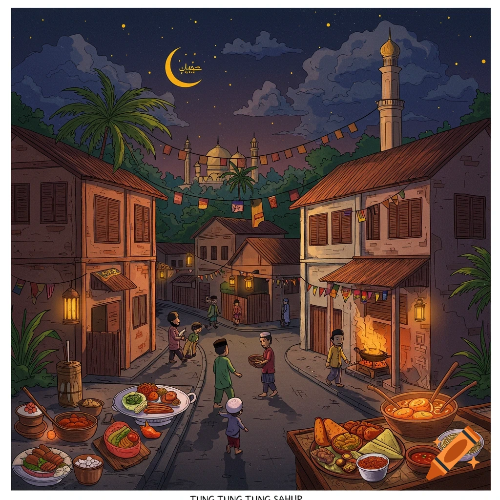 Cartoon illustration of a street scene at night during Ramadan, with people, food stalls, decorations, a mosque in the background, and a crescent moon.