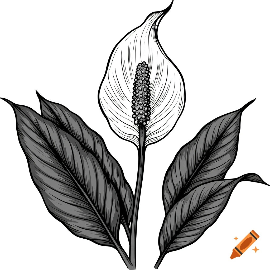 Black and white vector drawing of a peace lily plant.