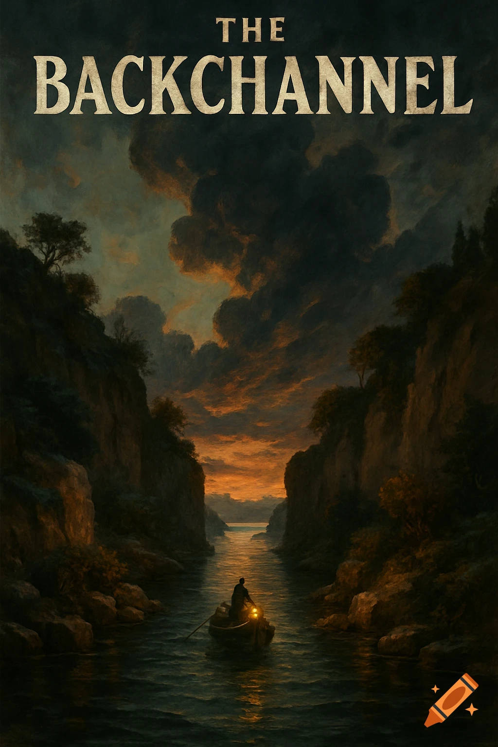 A dramatic painting of a person in a boat navigating a dark river through cliffs under a cloudy sky, with the title "THE BACKCHANNEL".