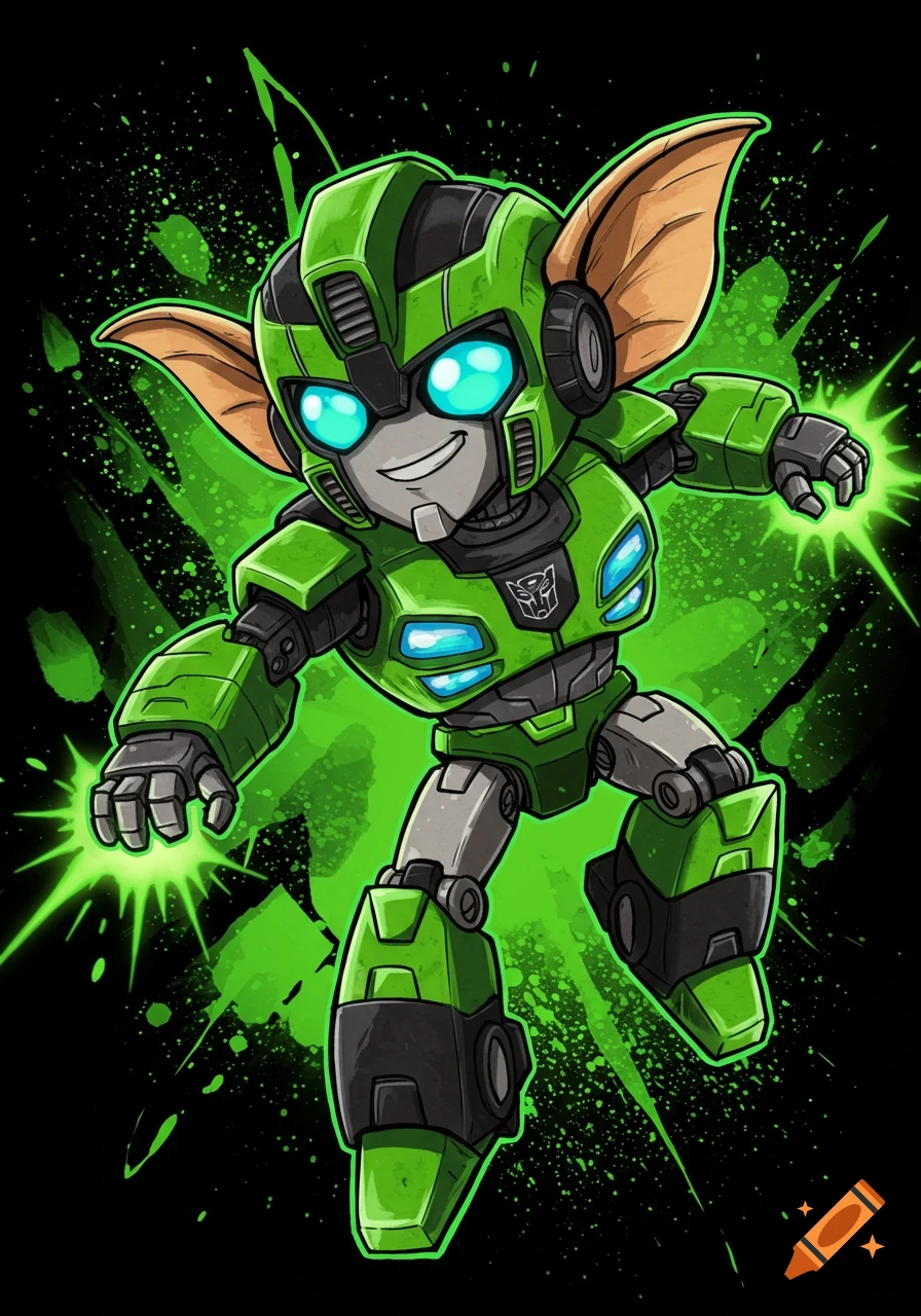 Cartoon illustration of a green robot character with large ears, glowing blue eyes, and green energy in its hands.