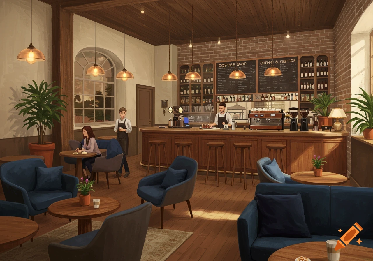 An illustrated view of a coffee shop interior with tables, chairs, and people.