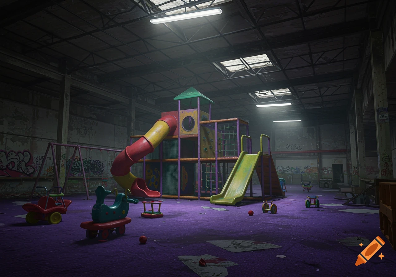 An eerie abandoned indoor playground in a warehouse with purple carpet and graffiti walls.