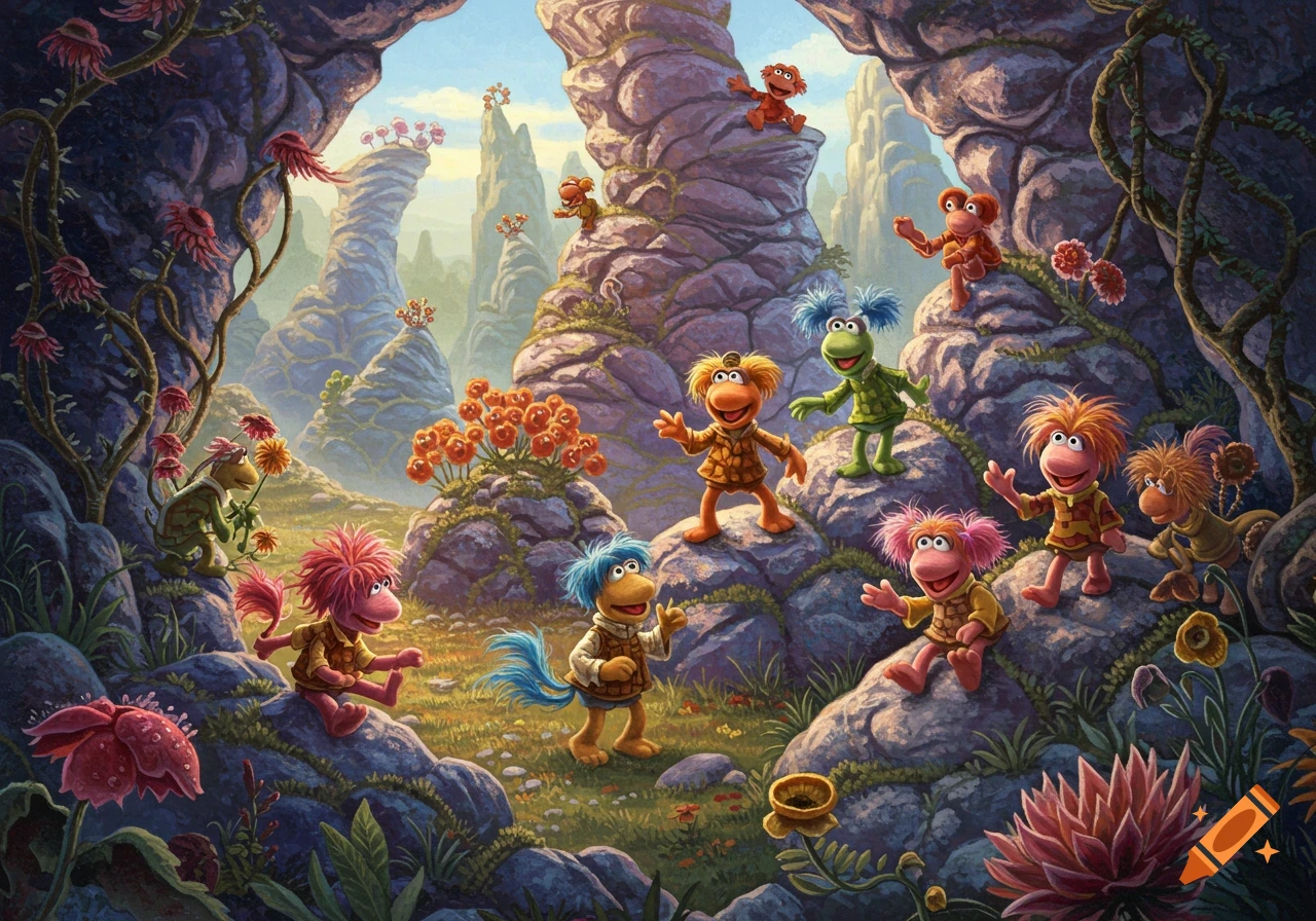 Fraggle Rock characters gather in a whimsical rocky landscape painting.