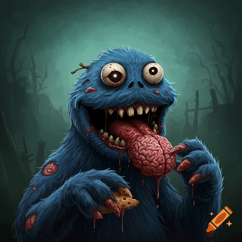 A zombie blue furry monster with a brain-like tongue eats a cookie in a creepy setting. Digital art.