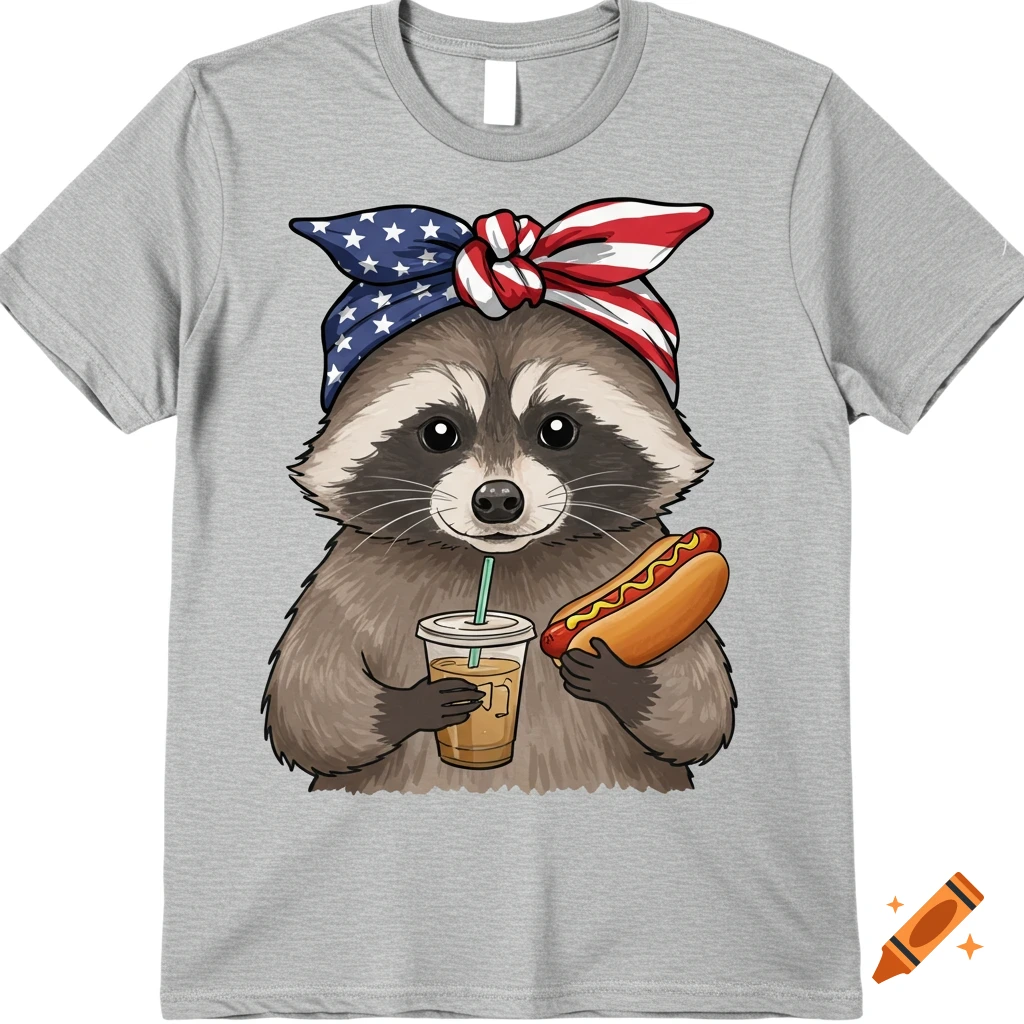 Cartoon raccoon wearing a US flag headband, holding a hot dog and iced coffee.