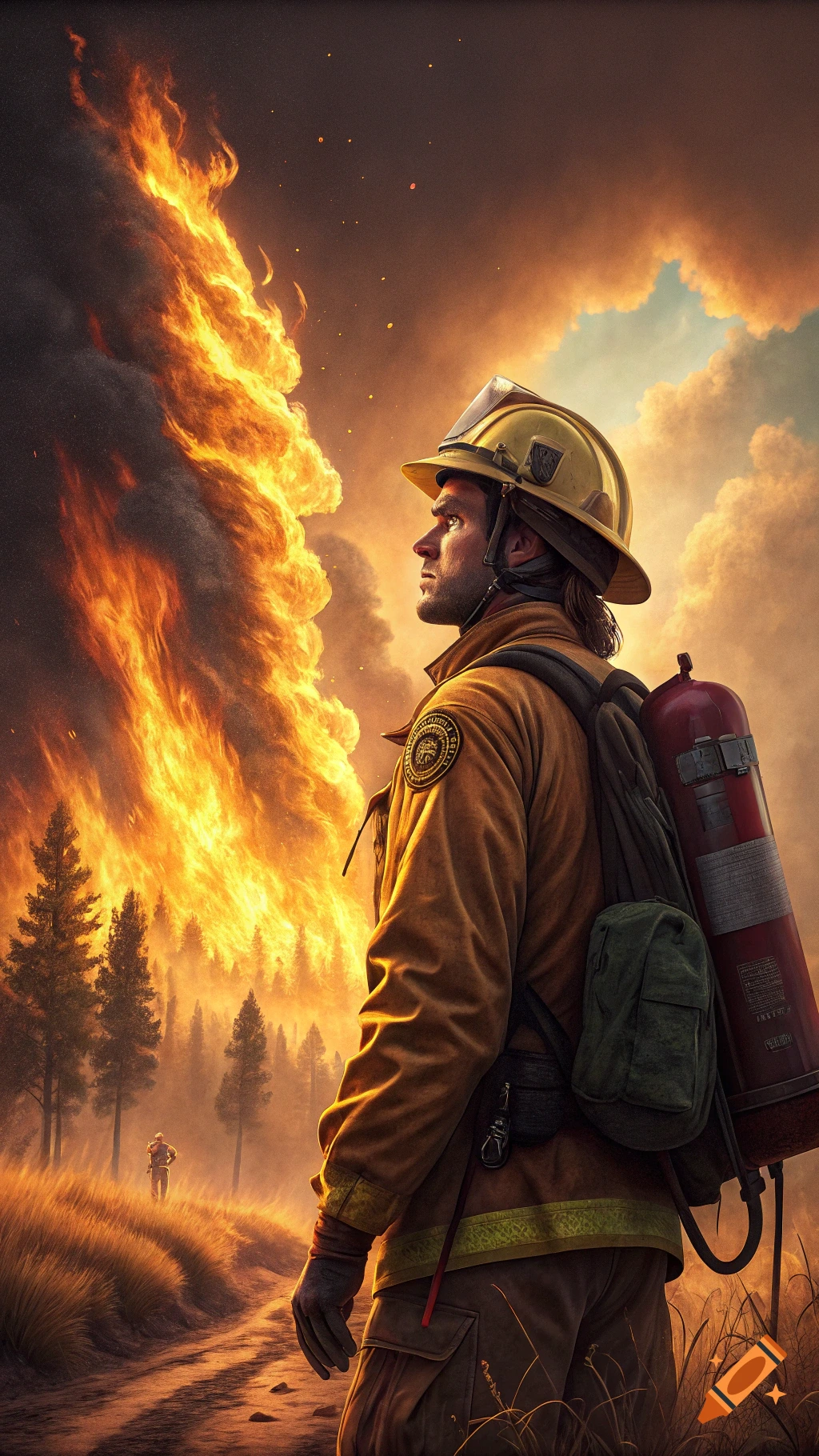 A firefighter in gear stands on a dirt path watching a massive firestorm engulfing a forest.