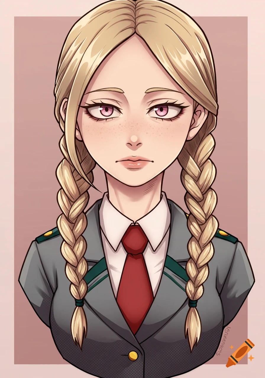 Anime portrait of a blonde girl with two braids and pink eyes wearing a school uniform.