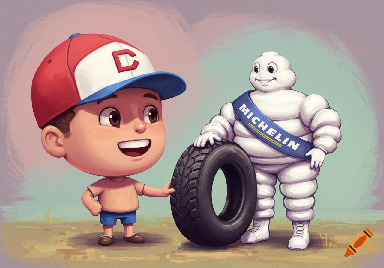 Cartoon illustration of a boy in a cap standing next to the Michelin man holding a tire.