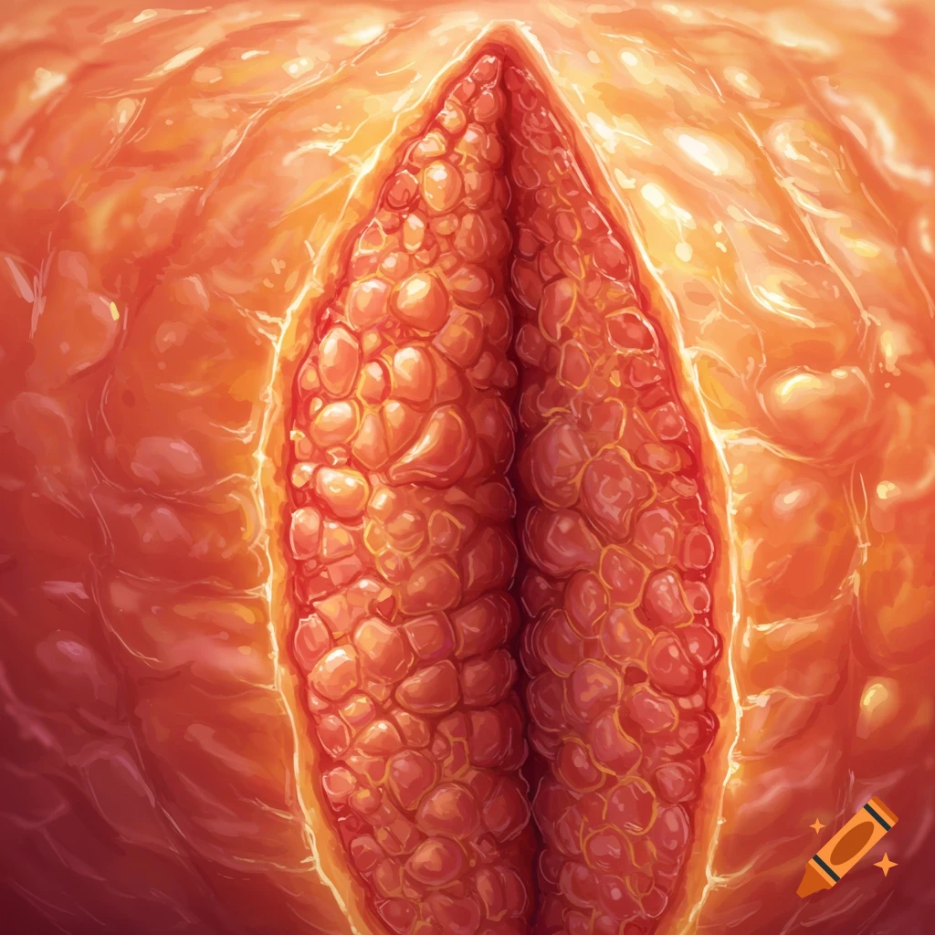Close-up abstract illustration of textured reddish-orange organic material or flesh.