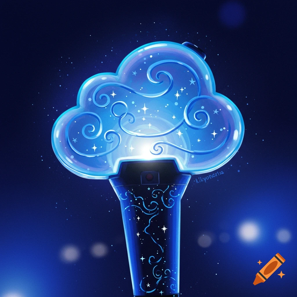 A glowing blue cloud-shaped K-pop lightstick with stars.