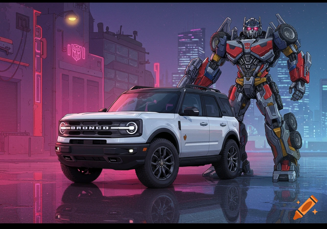 An illustration of a white Ford Bronco Sport parked beside a large Autobot Transformer robot on a neon-lit city street at night.