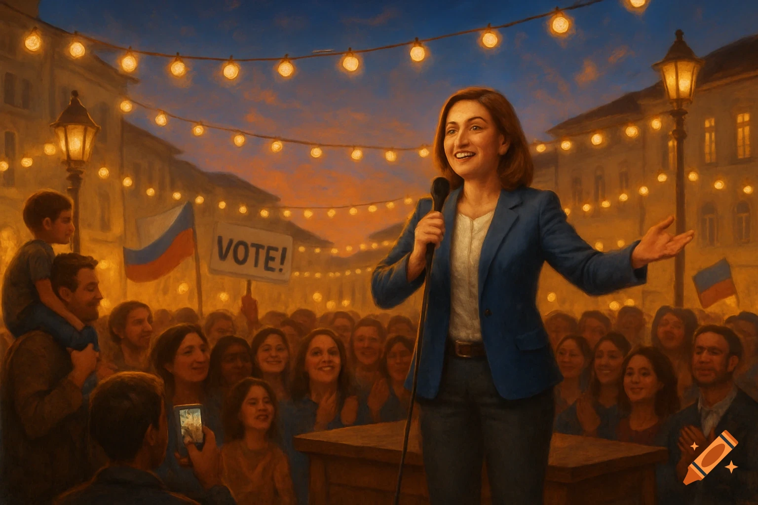 Woman speaks at outdoor political rally to a crowd under strings of lights.