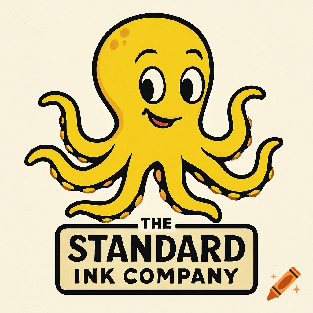 A yellow cartoon octopus stands above a black box with text that reads 'The Standard Ink Company'.