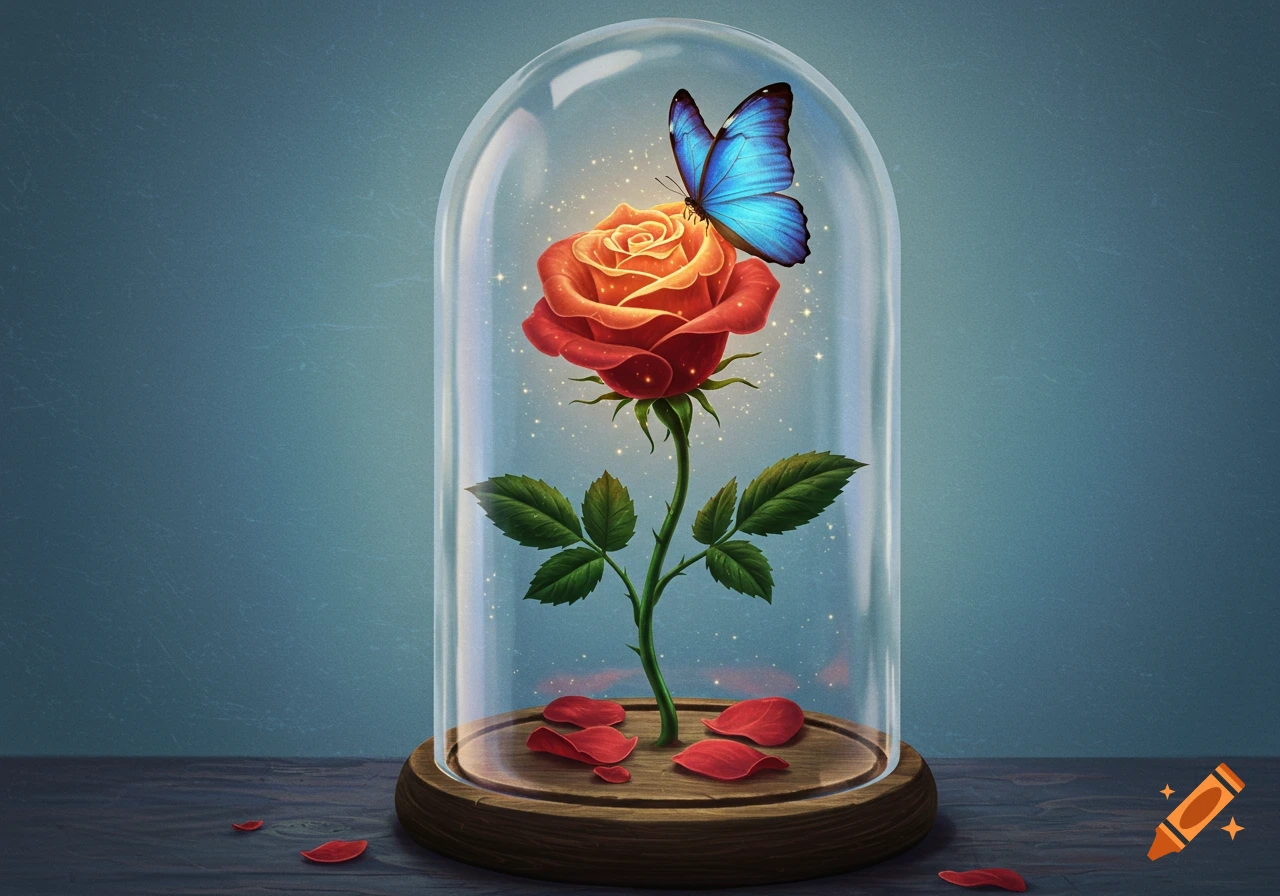 An enchanted red rose in a glass dome with a blue butterfly, digital illustration.