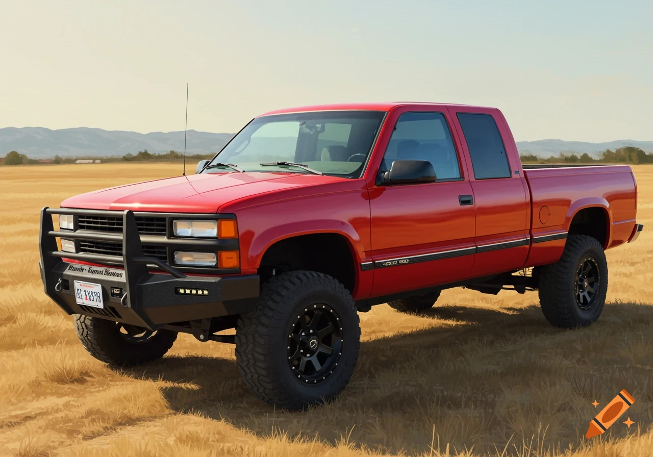 Red lifted 1999 Chevy Silverado pickup truck with a cattle guard bumper in a field.