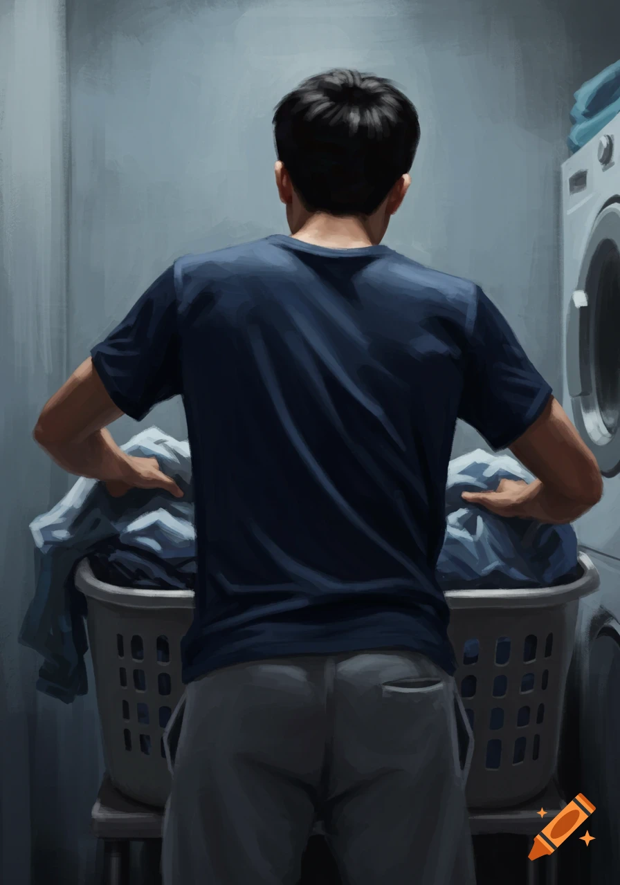 A man seen from the back sorts laundry into a basket next to a washing machine in a painterly style.
