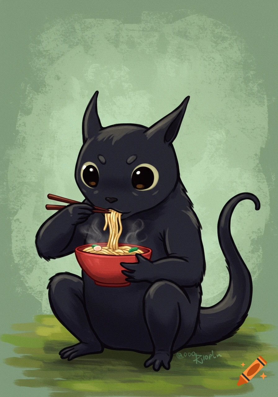 A black cartoon fantasy creature sits and eats noodles from a red bowl with chopsticks. Cute illustration style.