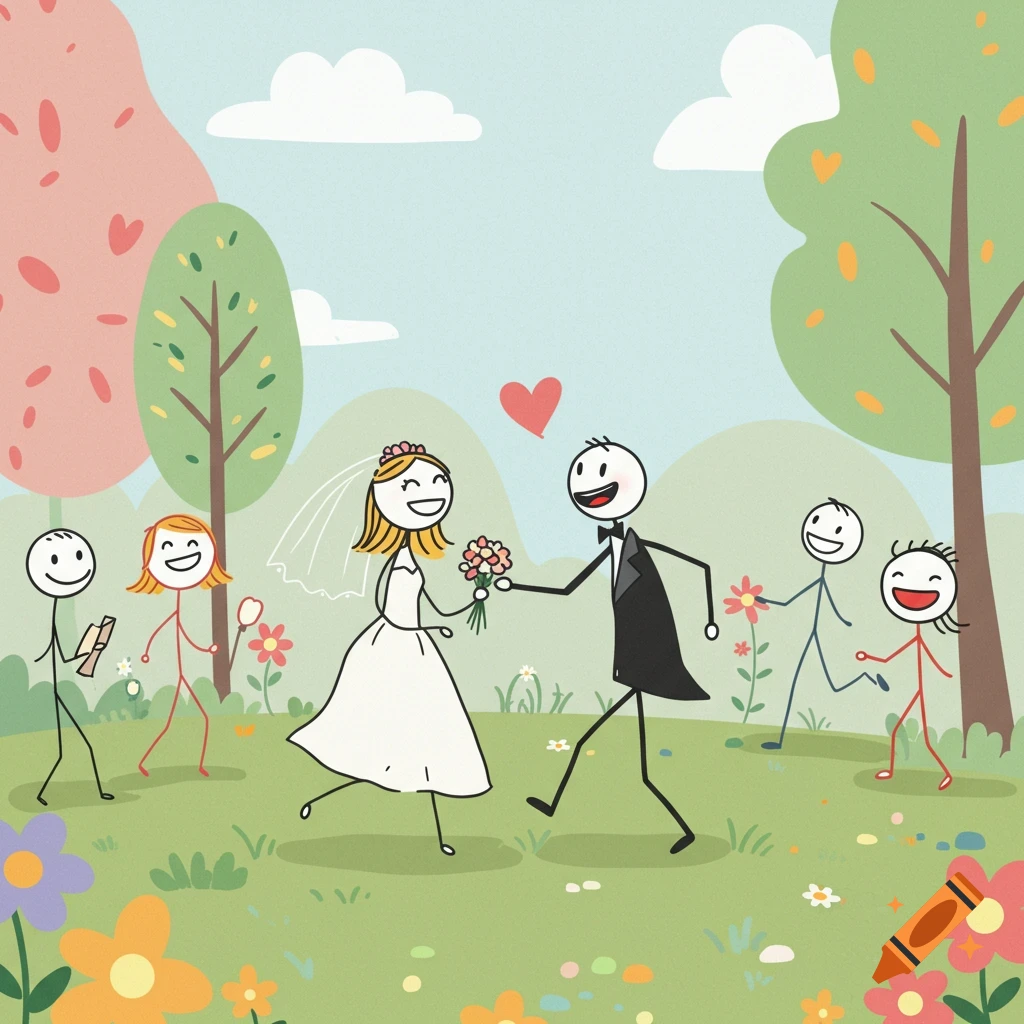 Simple illustration of stick figures getting married in a park with guests.