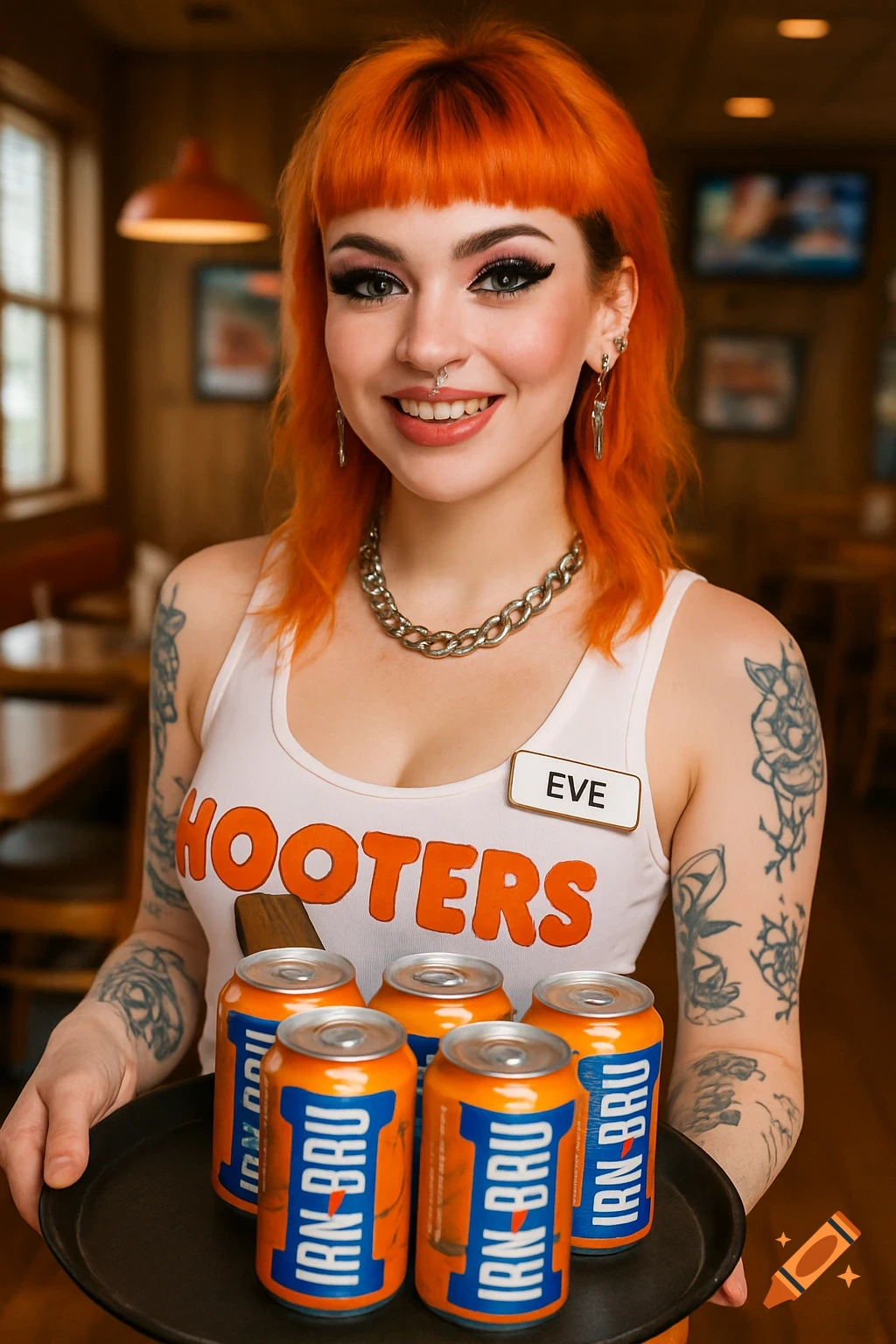 A woman in a Hooters tank top holding a tray of Irn Bru cans, smiling.
