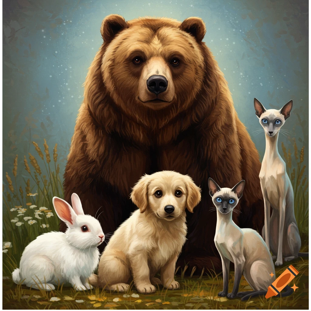 Digital painting of a bear sitting with a golden retriever puppy ...