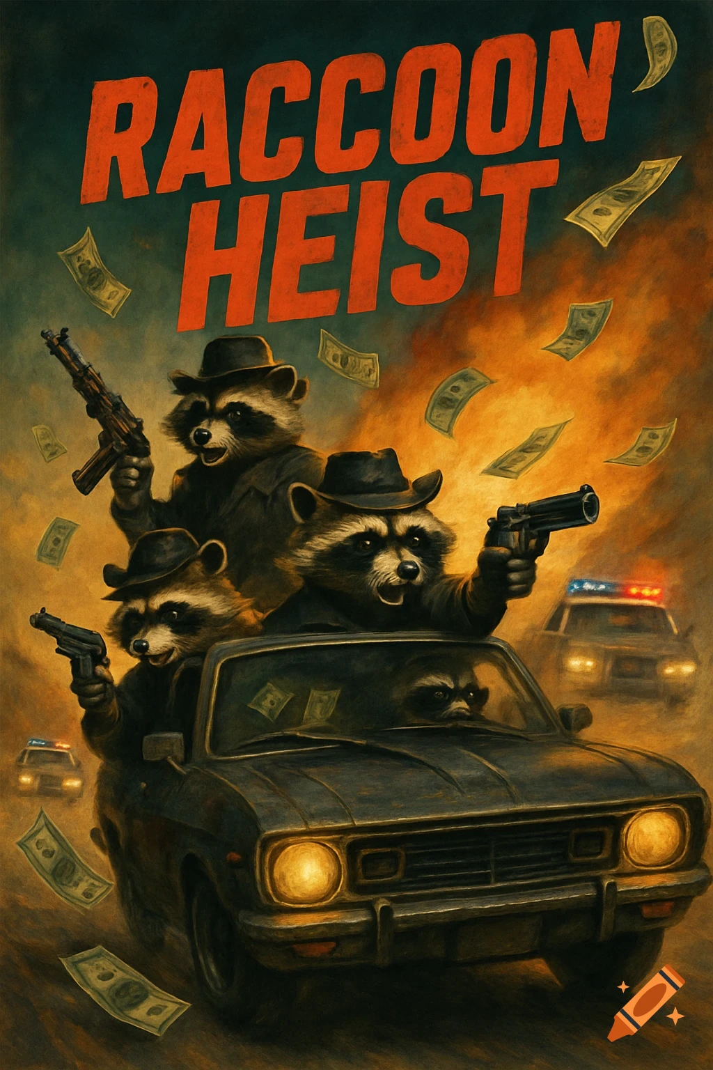 Movie poster for 'Raccoon Heist' showing gangster raccoons with guns in a car chase with police, money flying.