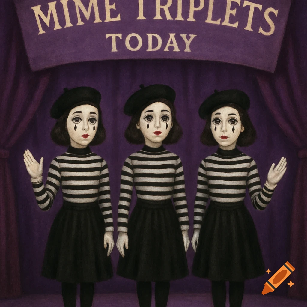Three mime girls on a stage with a banner reading "MIME TRIPLETS TODAY".