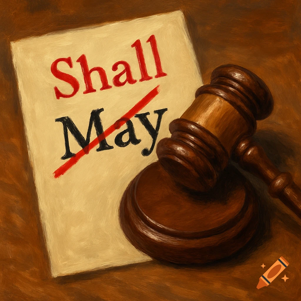 A gavel next to a document with 'May' struck out and 'Shall' written above it, in a painterly style.