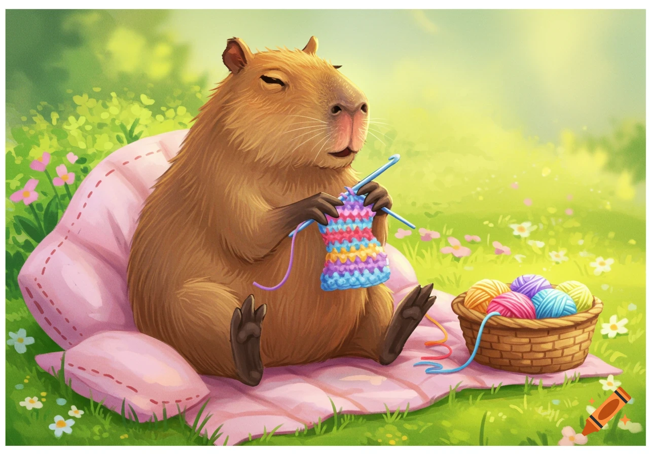Cartoon capybara sitting on a blanket in a field crocheting colorful yarn.