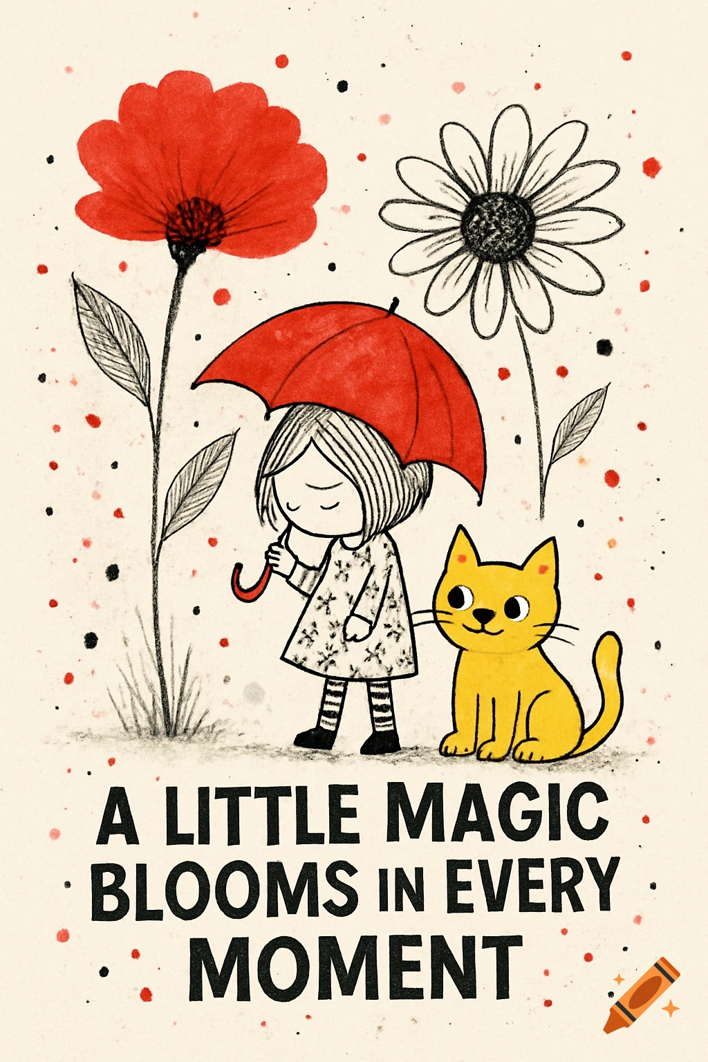 Whimsical illustration of a girl with a red umbrella and a yellow cat standing beside flowers, with text 'A LITTLE MAGIC BLOOMS IN EVERY MOMENT'.