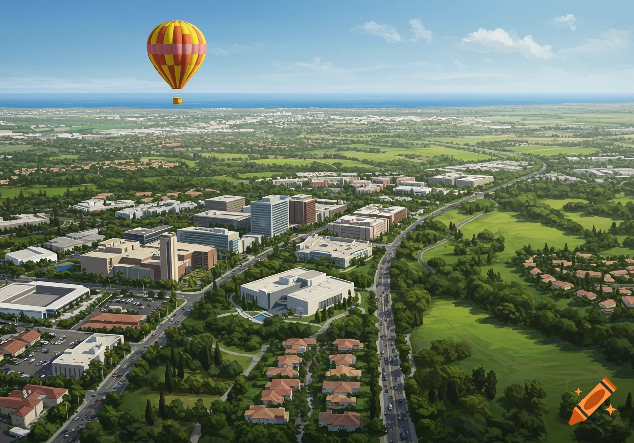 An aerial view of a suburban area with buildings, trees, roads, and a hot air balloon in the sky.