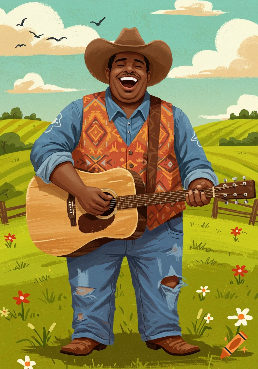 Illustration of a Black cowboy playing a guitar in a field