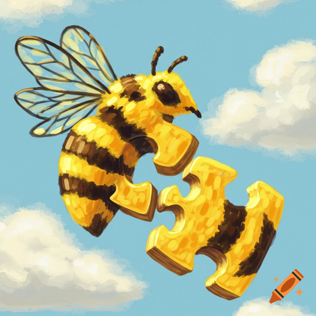 Stylized digital painting of a bee made of two interlocking puzzle pieces flying in a cloudy sky.