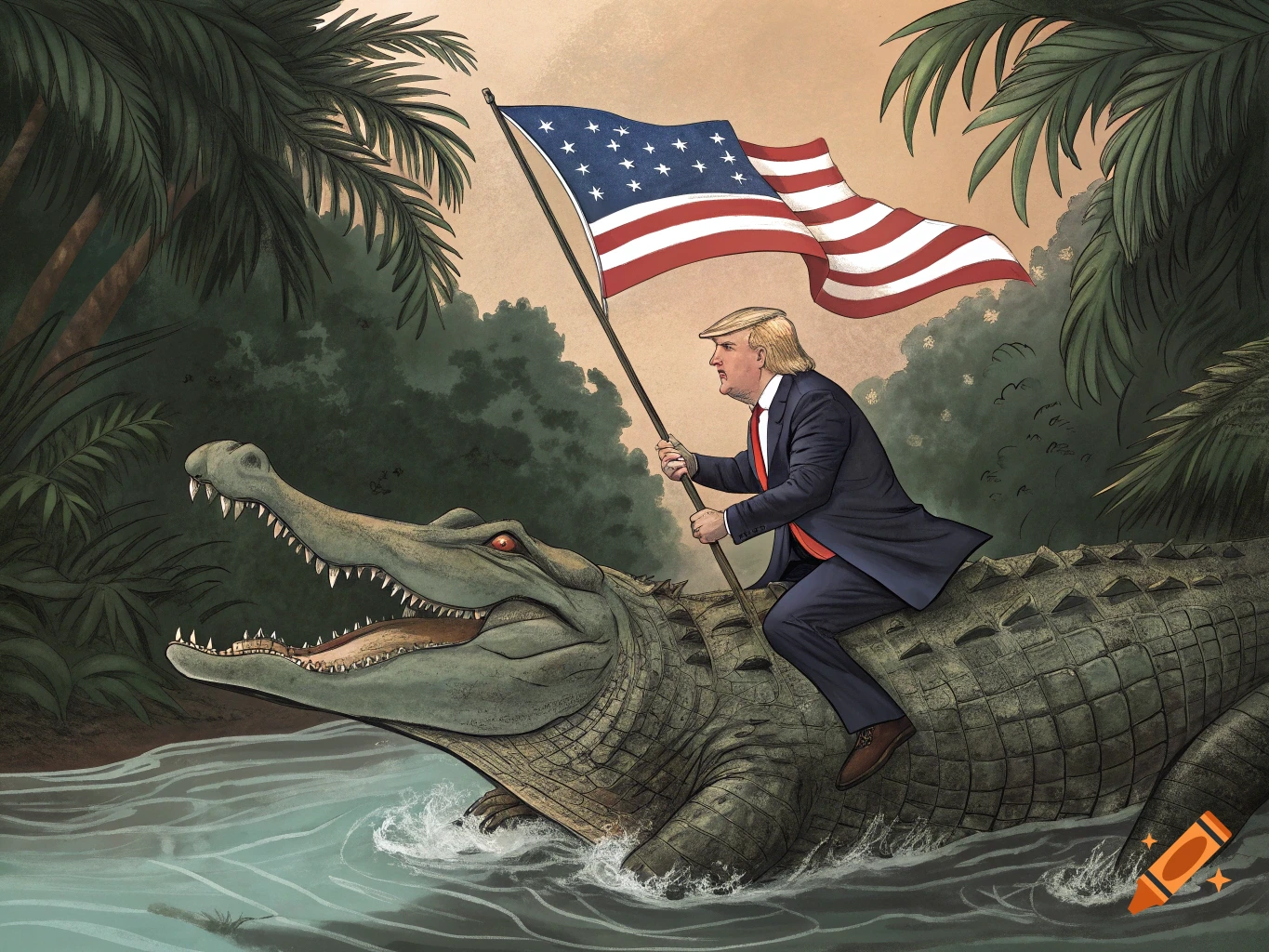 Cartoon illustration of a man resembling Trump riding a large alligator while holding an American flag.