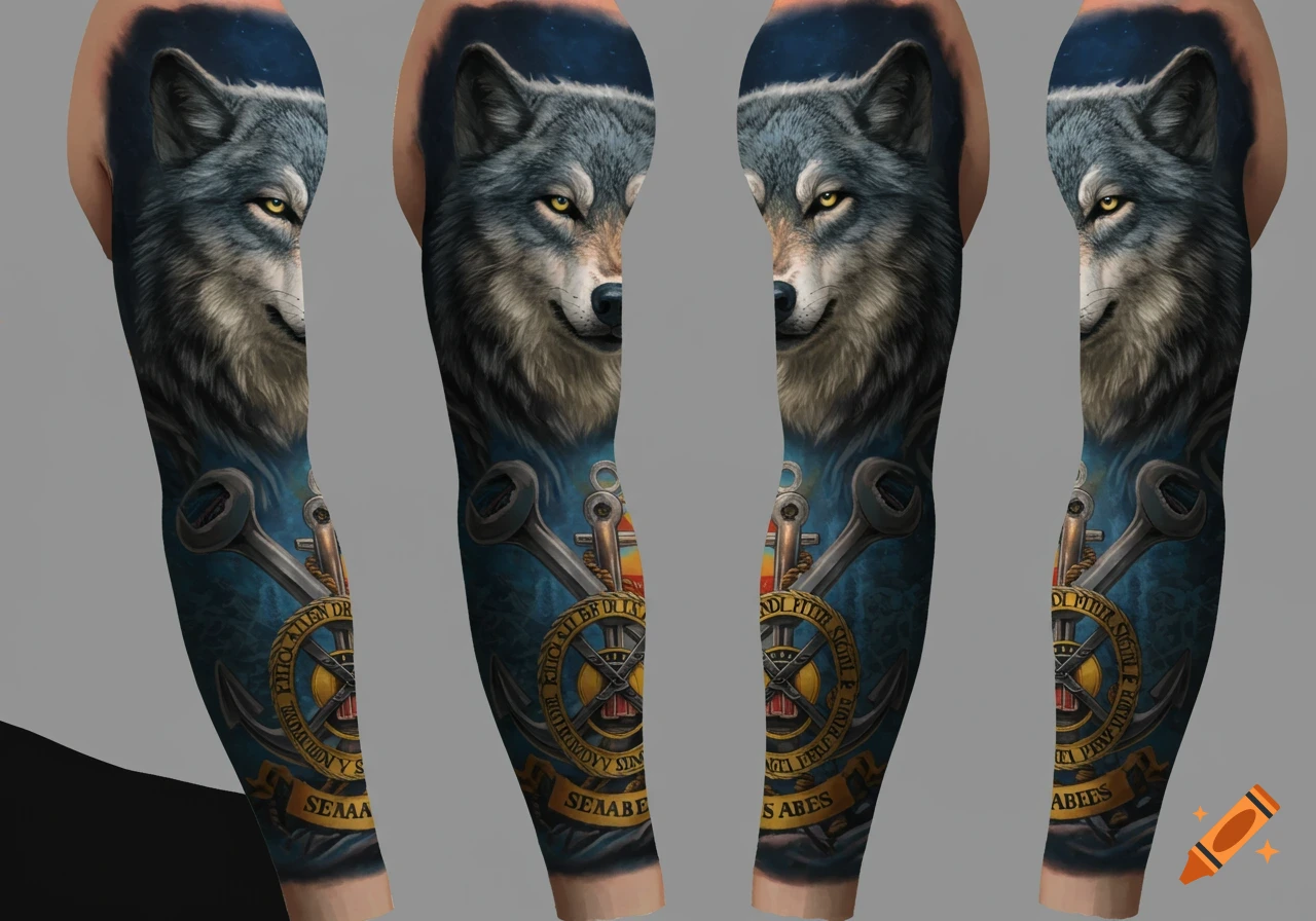 Realistic tattoo design of a wolf head above crossed anchors and nautical symbols on an arm.