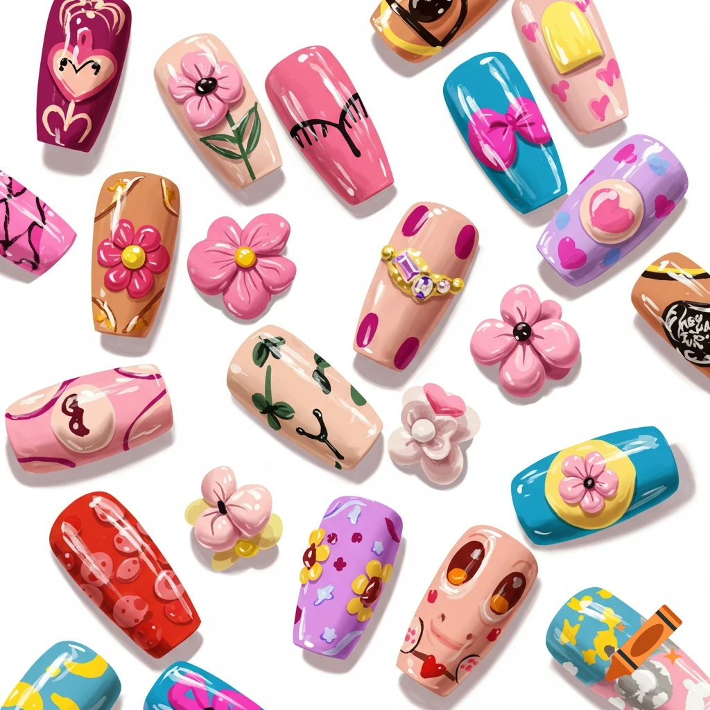 An illustration of assorted brightly colored fake nails and flower decorations scattered on a white background.