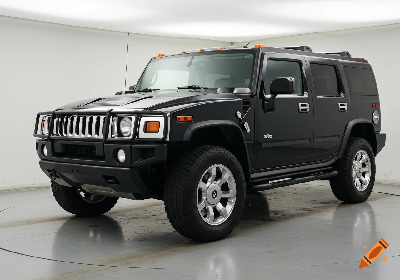 A black Hummer H2 parked in a brightly lit showroom.