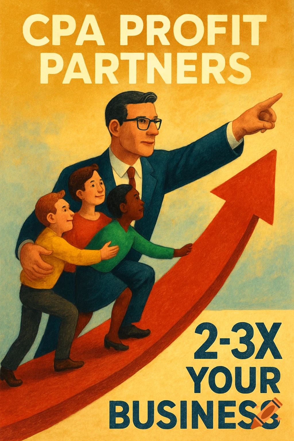 Illustration of a man helping children climb a red upward arrow. Text reads 'CPA PROFIT PARTNERS' and '2-3X YOUR BUSINESS'.