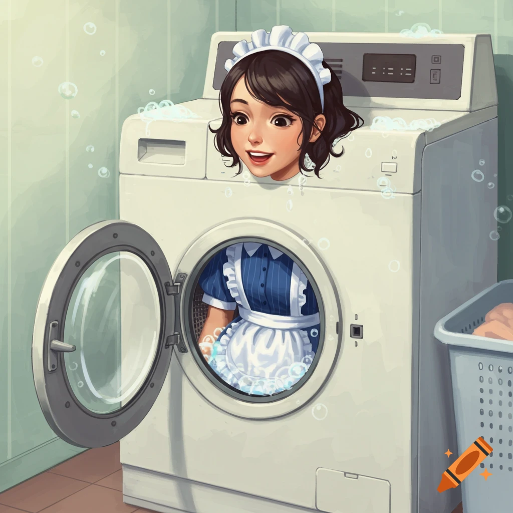 Cartoon drawing of a maid stuck head-first in a washing machine.