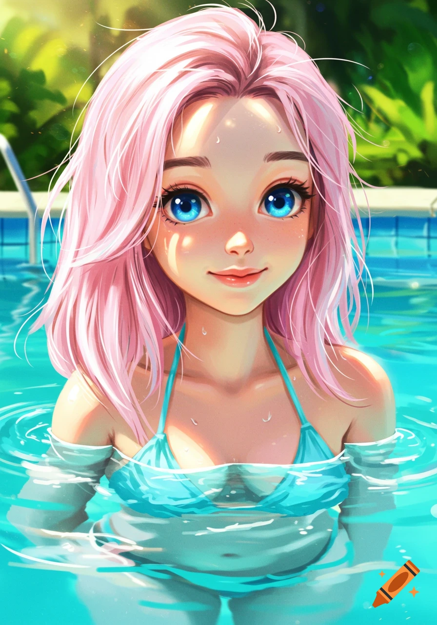 Anime girl with pink hair and blue eyes in a light blue bikini in a pool.