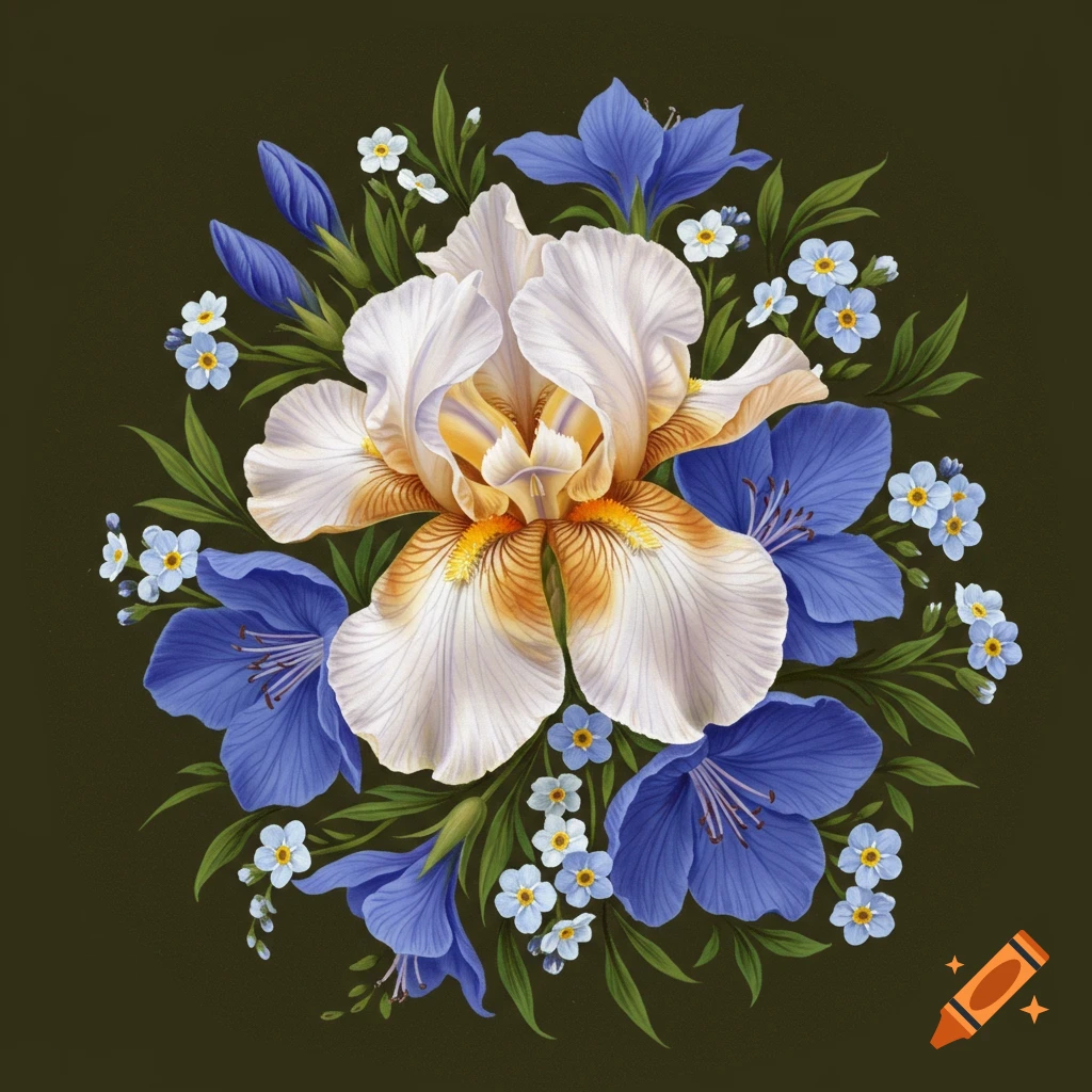 A detailed illustration of a white and apricot iris surrounded by blue bell-shaped flowers and white forget-me-nots on a dark background.
