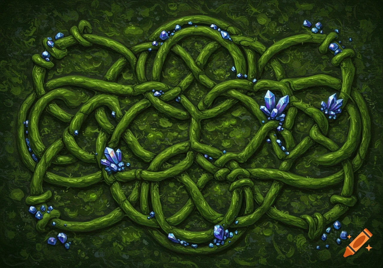 A green Celtic knot pattern made of vines and moss with blue crystals.