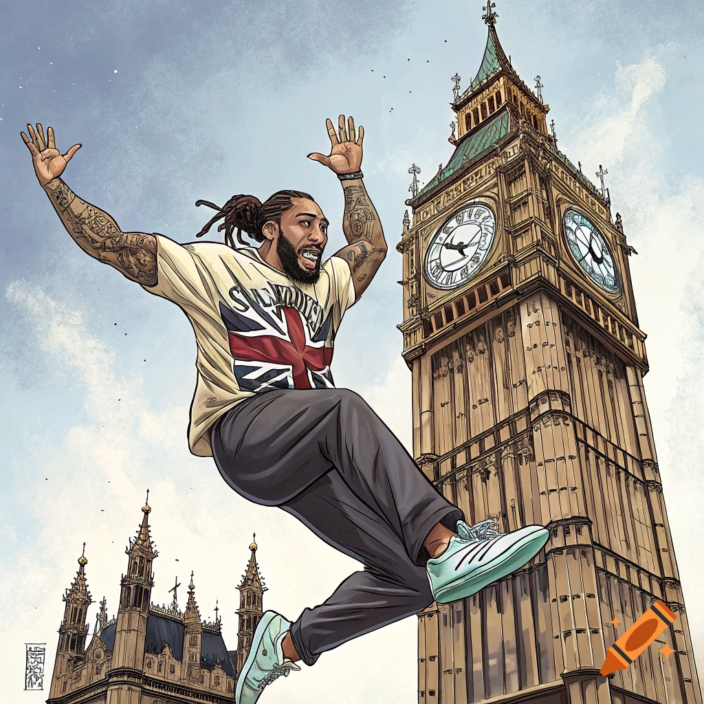 Comic illustration of a person in a Union Jack shirt jumping high in front of Big Ben in London.
