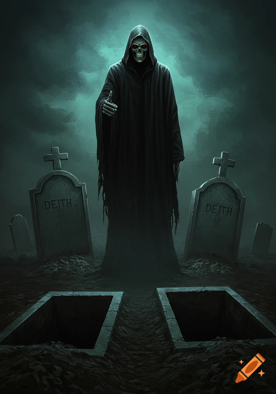 Grim Reaper giving thumbs up over open graves in a dark graveyard with tombstones reading DEITH.