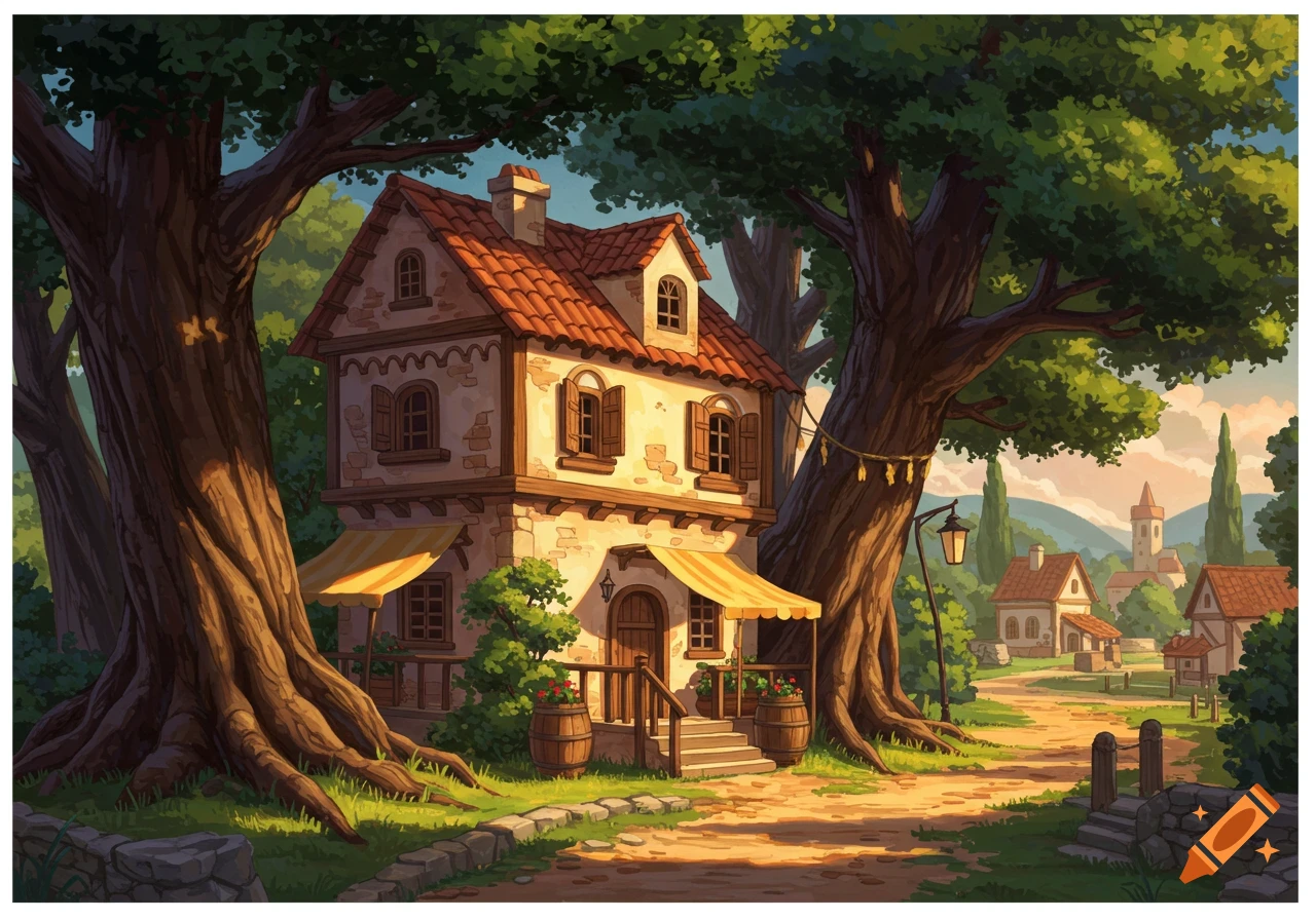 A stylized illustration of a two-story house between large trees in a village.