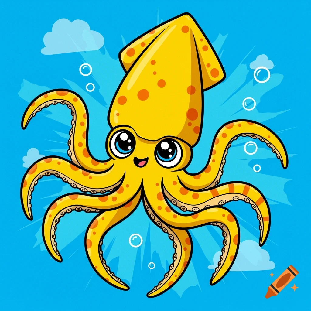 A bright yellow cartoon squid with big eyes smiles in blue water with bubbles and clouds.